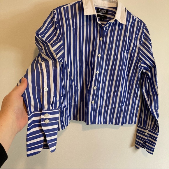 J. Crew Organic Cotton Garçon Button Down Blouse Pin Stripe Chic Preppy Cropped - Picture 5 of 9